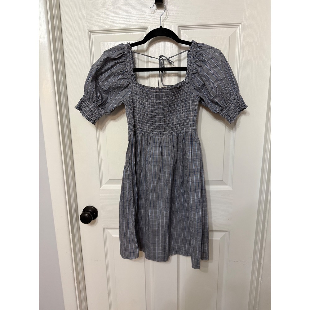 Hill House Home The Athena Nap Dress Blue Grey Plaid Smocked Mini Dress XS - Picture 3 of 9